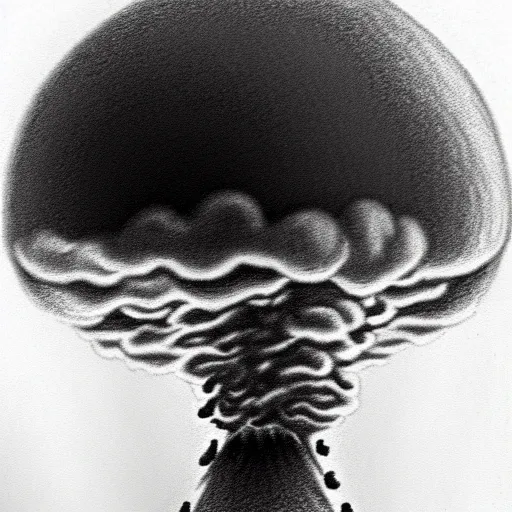 Image similar to vladimir putin's face in a nuclear mushroom cloud, cartoonish, ultra detailed pencil drawing