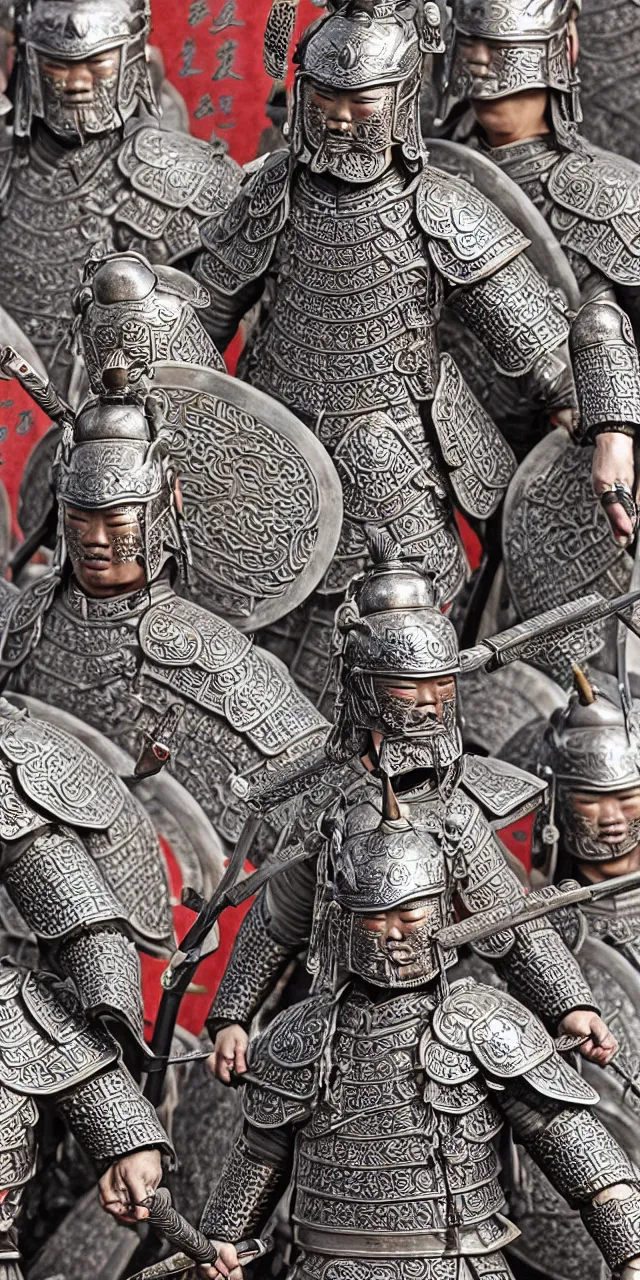 Image similar to detailed photorealistic ancient han chinese warriors soldiers army ⚔ 🪖 ⛩ with traditional chinese engravings and ornamentation on armour and weapons, and shining metallic 3 d surfaces, mandarin calligraphy, traditional chinese war shields and armour, wide angle, 3 d