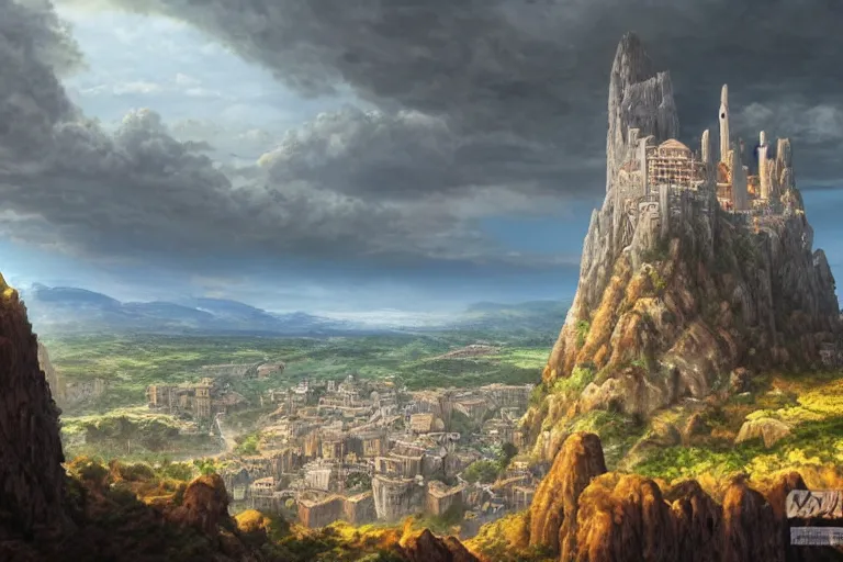 Prompt: an ultra detailed matte landscape painting of an extremely tall and strong young man with short brown hair standing on a cliff overlooking a medieval capital built on top of many hills, italian renaissance architecture, epic anime fantasy, 8 k, volumetric lighting, smooth, highly detailed, digital illustration, art by kentaro miura and akira toriyama and artgerm