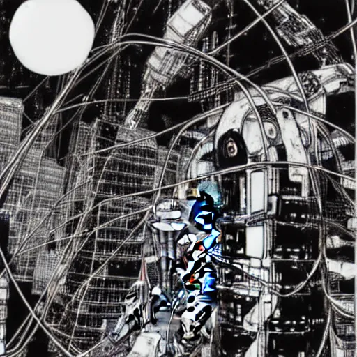 Prompt: sad biological androids with tentacles, through a huge cybernetic megastructure multi - level metropolis in space, black and white, by nihei tsutomu