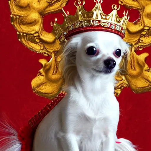 Image similar to long hair white chihuahua king wearing a red and gold crown cinematic composition, digital art, cute