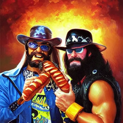 Prompt: portrait of wwf macho man randy savage and wcw sting sharing hotdogs, an oil painting by ross tran and thomas kincade