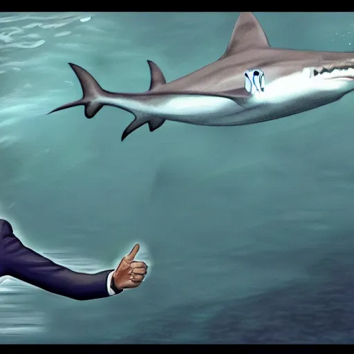 Image similar to joe biden sharkman swimming underwater, shark - human face, impressionism, gta 5, caricature