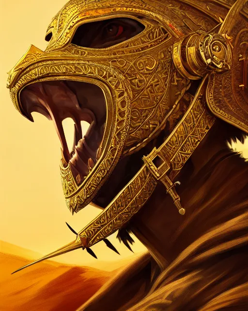 Prompt: realistic side view painting of the king of the desert, angry, wide angle, gold armour, sword, dramatic lighting, intricate, wild, highly detailed, digital painting, artstation, concept art, smooth, sharp focus, illustration