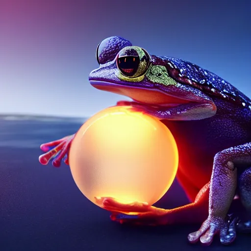 Image similar to a hand holding a crystal ball, in the crystal ball there are two frog warriors sitting on the beach, cinematic lightning, 8 k, octane render, matte painting, trending artstation