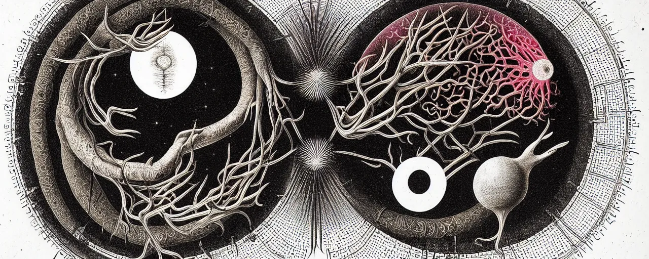 Image similar to a strange creature with endearing eyes radiates a unique canto'as above so below'while being ignited by the spirit of haeckel and robert fludd, breakthrough is iminent, glory be to the magic within, in honor of saturn, painted by ronny khalil