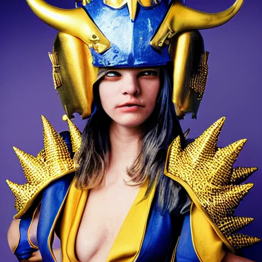 Image similar to close up headshot of a woman in elaborate blue and gold armor with spiked horns on her helmet, cosplay, photoshoot, photograph by Bruce Weber
