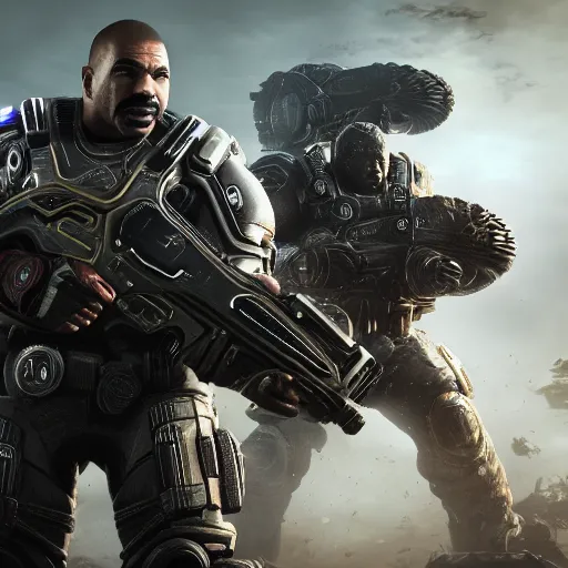 Prompt: Portrait of Steve Harvey in Gears of War, splash art, movie still, cinematic lighting, dramatic, octane render, long lens, shallow depth of field, bokeh, anamorphic lens flare, 8k, hyper detailed, 35mm film grain