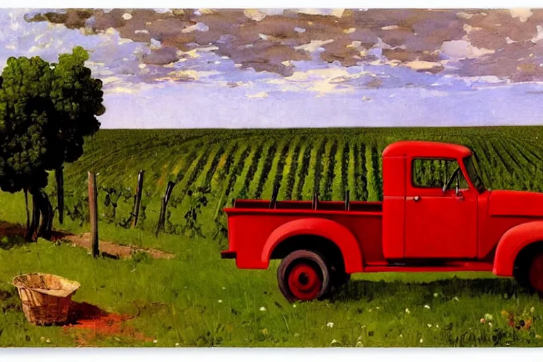 Image similar to painting of a vintage red truck in a vineyard by winslow homer