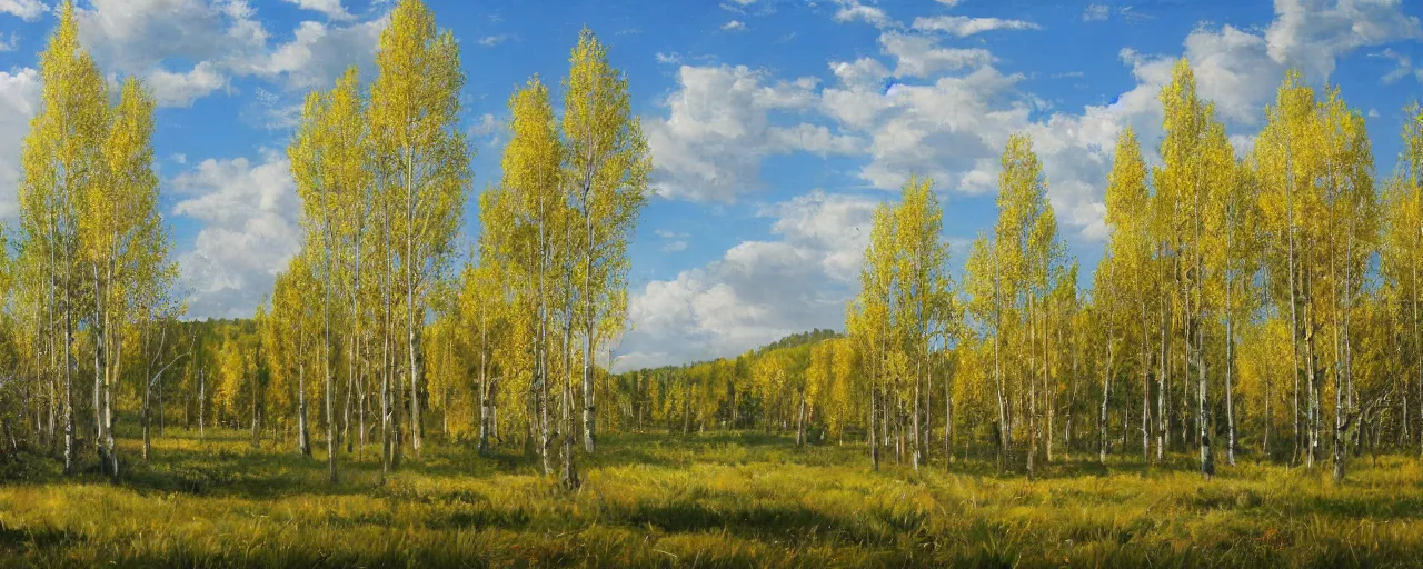 Prompt: open green grass field dotted with aspen trees, large fantasy white tower on the horizon, clear and sunny, oil painting, high detail, post processing, high fantasy, concept art