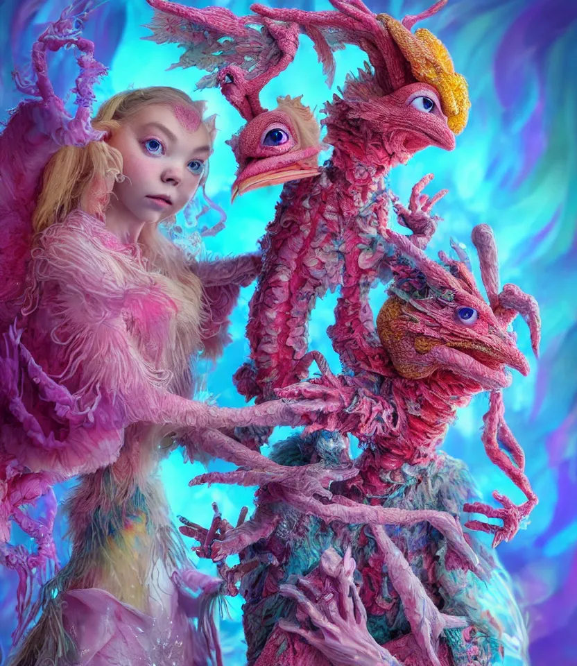 Image similar to hyper detailed 3d render like a Oil painting - kawaii portrait of two Aurora (a beautiful girl skeksis muppet fae princess protective playful expressive acrobatic from dark crystal that looks like Anya Taylor-Joy) seen red carpet photoshoot in UVIVF posing in scaly dress to Eat of the Strangling network of yellowcake aerochrome and milky Fruit and His delicate Hands hold of gossamer polyp blossoms bring iridescent fungal flowers whose spores black the foolish stars by Jacek Yerka, Ilya Kuvshinov, Mariusz Lewandowski, Houdini algorithmic generative render, golen ratio, Abstract brush strokes, Masterpiece, Edward Hopper and James Gilleard, Zdzislaw Beksinski, Mark Ryden, Wolfgang Lettl, hints of Yayoi Kasuma and Dr. Seuss, octane render, 8k