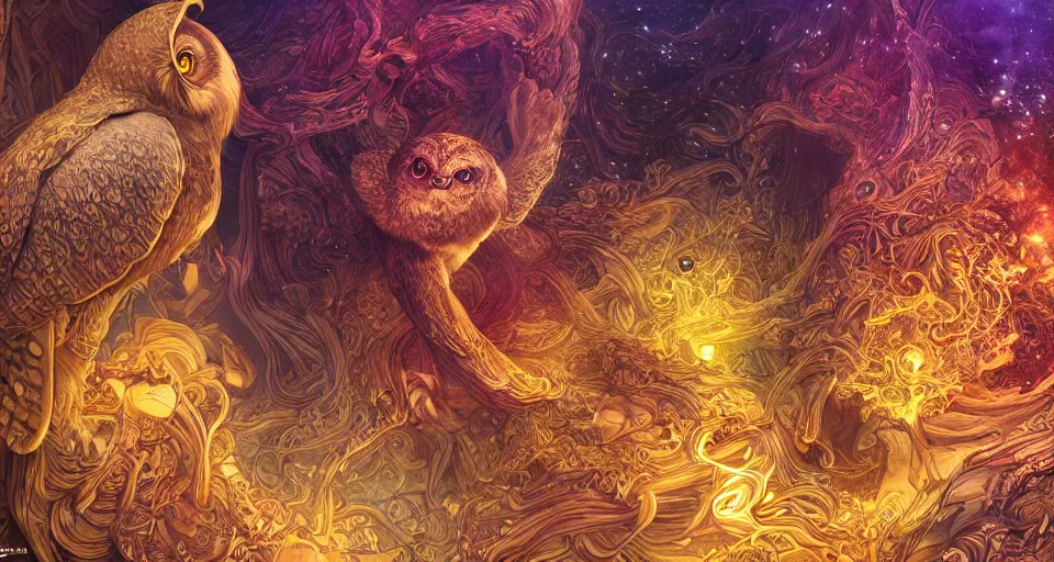 Image similar to the portrait of a smiling golden owl in the depths of the universe, an ultrafine hyperdetailed illustration by kim jung gi, irakli nadar, intricate linework, bright colors, octopath traveler, final fantasy, unreal engine 5 highly rendered, global illumination, radiant light, detailed and intricate environment, - h 1 0 2 4