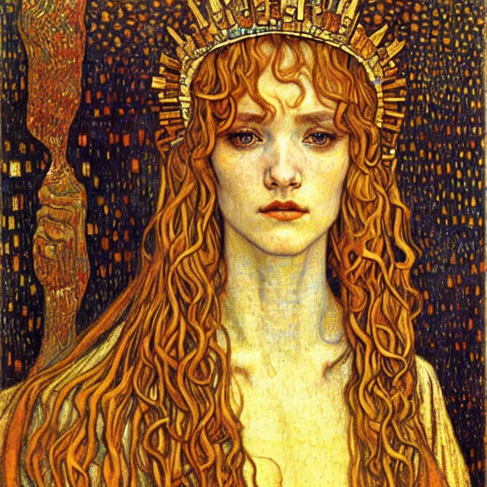 Image similar to detailed realistic beautiful young medieval queen face portrait by jean delville, gustav klimt and vincent van gogh, art nouveau, symbolist, visionary, gothic, pre - raphaelite, muted earthy colors, desaturated