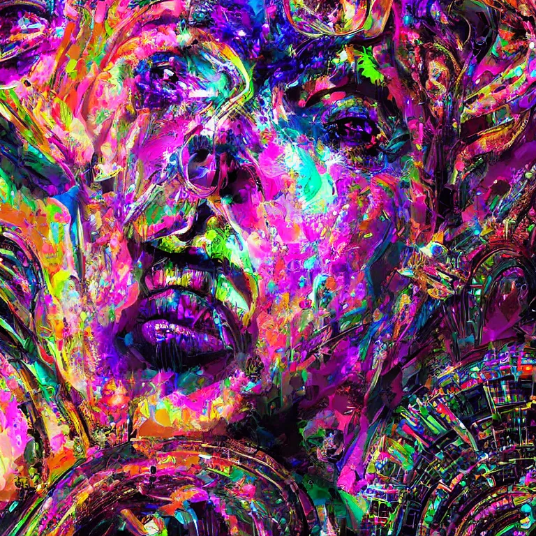 Image similar to hyper-maximalist overdetailed cinematic half portrait half collage pesudofigurative digital illustration by archan nair inspired by works of hakan hisim. Dramatic lights. Psychedelic visionary artwork. Zenith view. Seen from below.