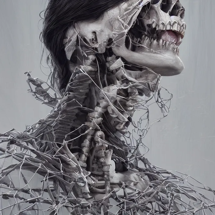 Image similar to portrait of Alexandra Daddario as a skeleton. intricate abstract. intricate artwork. by Tooth Wu, wlop, beeple, dan mumford. octane render, trending on artstation, greg rutkowski very coherent symmetrical artwork. cinematic, hyper realism, high detail, octane render, 8k, iridescent accents