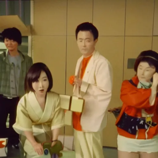 Image similar to film still of a ridiculous japanese tv show. kodak gold 3 5 mm.