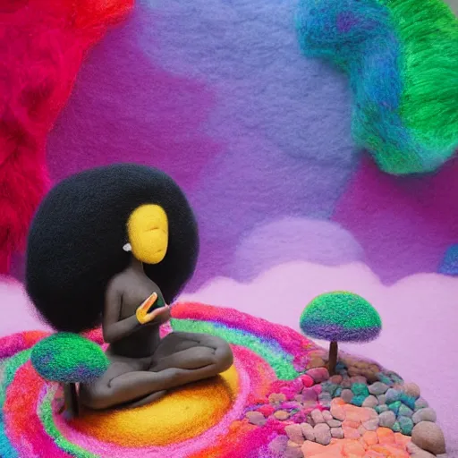 Prompt: a black girl with a colorful afro and big beautiful eyes meditating in an african zen garden with a waterfall!!, bokeh!, bright colors, synthwave, watercolor, volumetric wool felting, felt, macro photography, children illustration, by goro fujita