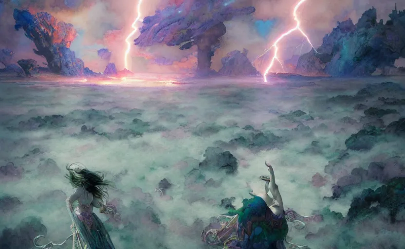 Prompt: the revenge of the lightning goddess, fantasy. intricate, amazing composition, colorful watercolor, by ruan jia, by maxfield parrish, by marc simonetti, by hikari shimoda, by robert hubert, by zhang kechun, illustration, gloomy