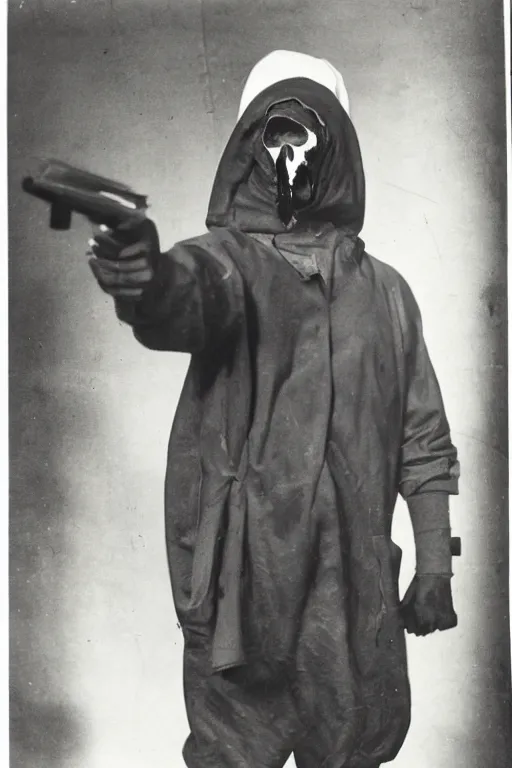 Image similar to man wearing a red sack over his head holding a gun, bloody, looking at the camera