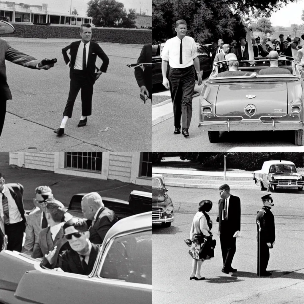 Prompt: Minions at the Grassy Knoll during 22 November 1963, they are in the car with JFK and his wife.