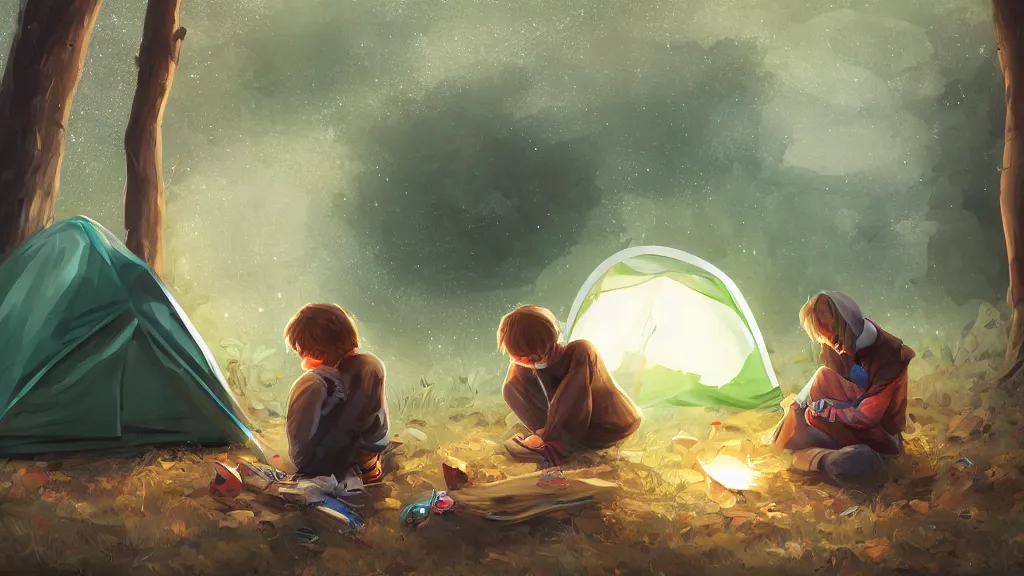 Image similar to an illustration of a sick teenage kid sitting in the door of his tent while camping, with his hands in his hair, fisheye lens, high contrast, highly detailed, sharp focus, digital painting, 3 d art, illustration, trending on artstation,