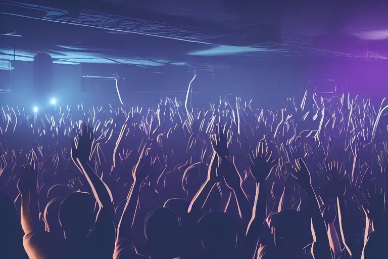Image similar to crowd partying with their hands up at a club, volumetric lighting, haze, moving heads light beams, spot lights, disco ball, dj on stage with raised hands at the far end, silhouette, digital art, trending on artstation, 4k, unreal engine, intricate, ornate