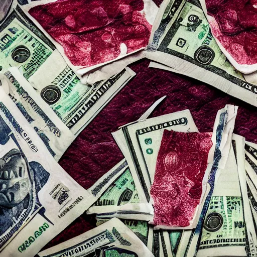 Image similar to money stained with wine on a white bed, photorealistic, detailed, dramatic