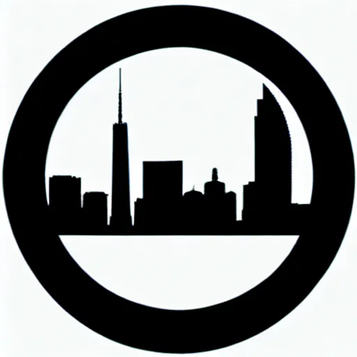 Image similar to a perfect circle where the inside is empty blank space and around the outer edge of the circle is the silhouette of a city skyline, black and white, minimalist, in the style of a line drawing