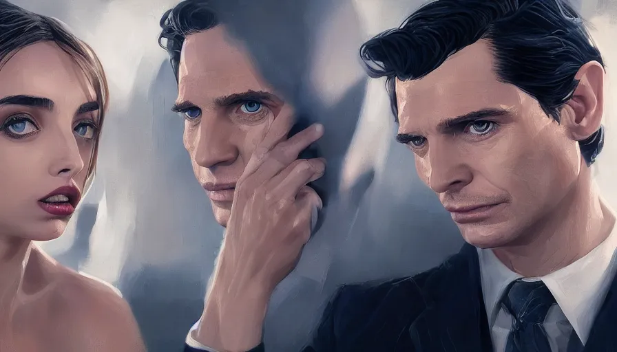 Prompt: intimacy, highly detailed creepy vfx portrait of a patrick bateman, ana de armas, madison beer, stephen bliss, unreal engine, greg rutkowski, loish, rhads, beeple, makoto shinkai and lois van baarle, ilya kuvshinov, rossdraws, tom bagshaw, global illumination, detailed and intricate environment