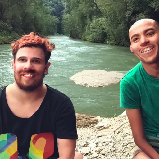 Image similar to a queer human named river sitting next to their friend who is also named river by a river