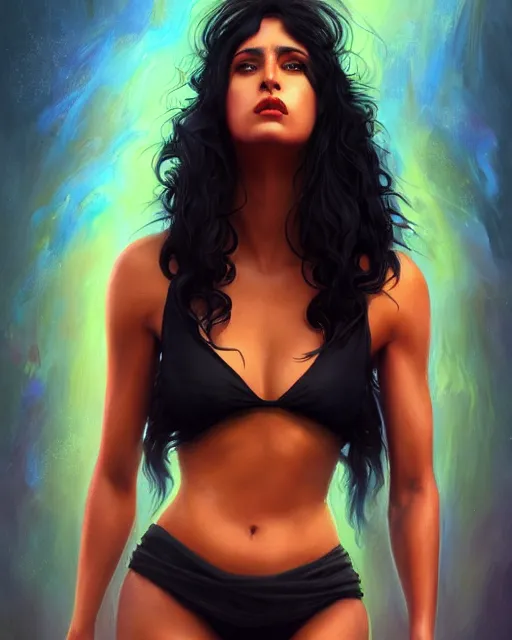 Prompt: : latina actress wearing halter top, perfect face, voluptuous, flowing black hair, abs, cinematic, stunning, athletic, strong, agile, highly detailed, psychedelic, digital painting, artstation, smooth, hard focus, illustration, art by jessica rossier and and brian froud