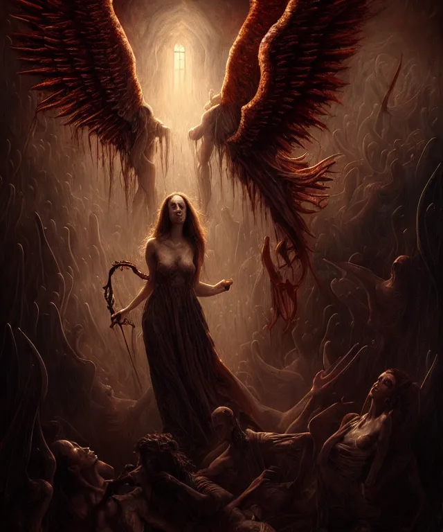 Image similar to epic professional digital art of angels and demons, horrific yet beautiful vibe, evocative, atmospheric lighting, painted, intricate, highly detailed, by leesha hannigan, wayne haag, reyna rochin, ignacio fernandez rios, mark ryden, iris van herpen, artstation, cgsociety, stunning, gorgeous, sharp focus, cinematic, masterpiece