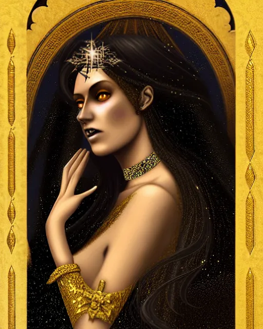 Image similar to Nocturne, glowing, stars, a portrait of a beautiful female shadow djinn with jeweled collar, long hair, glowing eyes, highly detailed, mysterious, ethereal, dressed in velvet and gold jewelry, haute couture, illustration, dramatic lighting, painting, by Edmund Blair Leighton, Brom, Charlie Bowater, trending on artstation, faces by Tom Bagshaw, otto schmidt