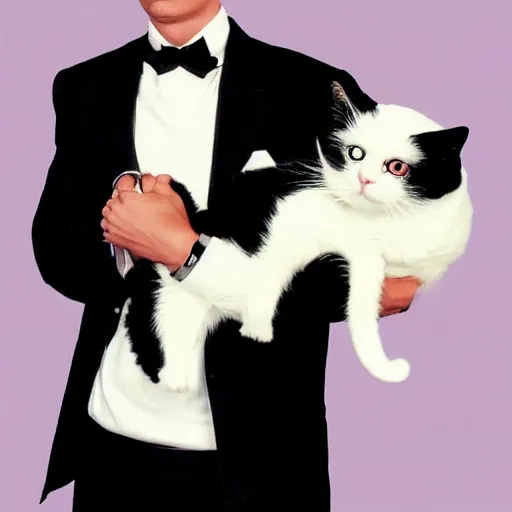 Prompt: Recovery-era Eminem holding a tuxedo cat, 80's style, photorealistic