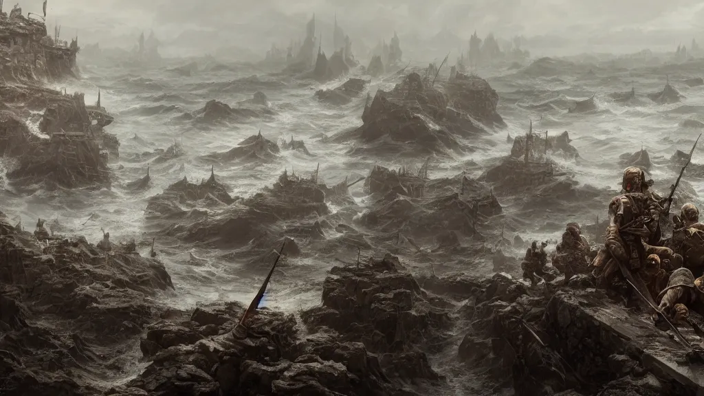 Image similar to patrick j. jones. rutkowski. from the castle i look down to see the last of my men slaughtered by the foul warriors of the deep. 3 8 4 0 x 2 1 6 0