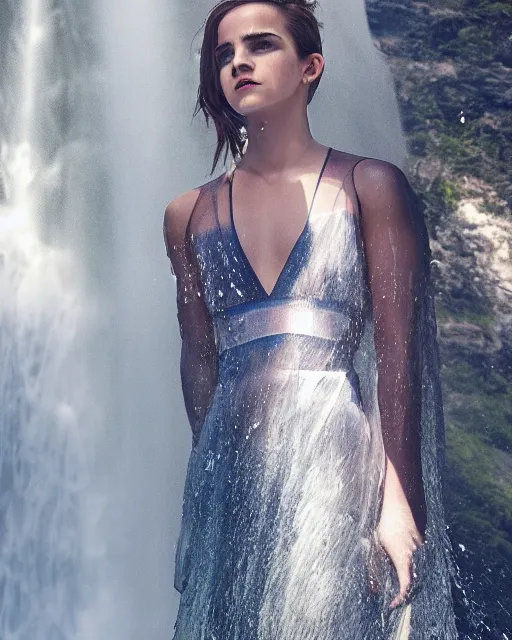 Prompt: a sharp photo of emma watson wearing translucent dress under a waterfall :: trending on artstation, morning, photoreal, ue5