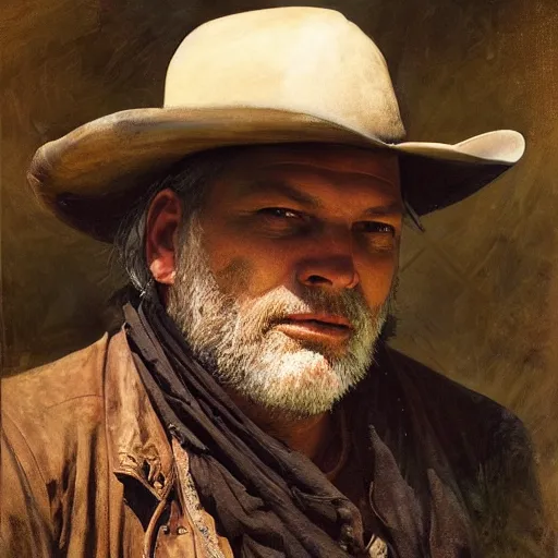 Prompt: Solomon Joseph Solomon and Richard Schmid and Jeremy Lipking victorian genre painting portrait painting of David Gilmour a rugged cowboy gunfighter old west character in fantasy costume, rust background