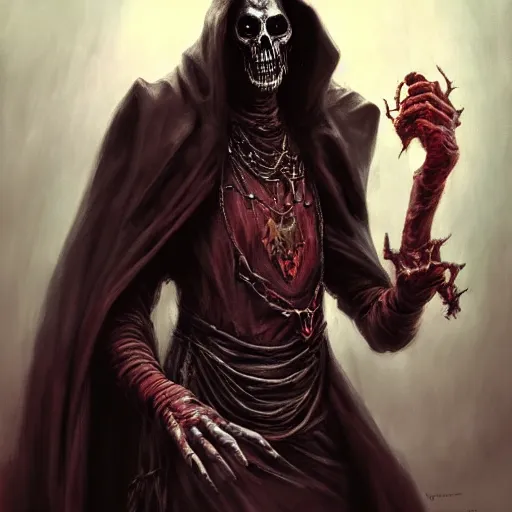 Prompt: lich vecna (d&d), fantasy, horror, missing hand, painted by raymond swanland