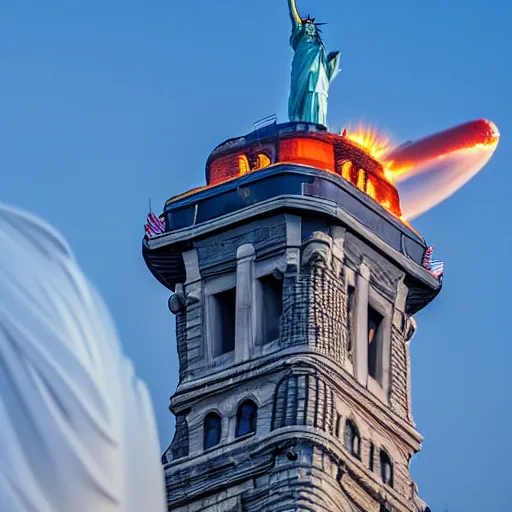 Image similar to disaster photography, blimp during collision into statue of liberty, full color, explosion, 8k, hd, high resolution