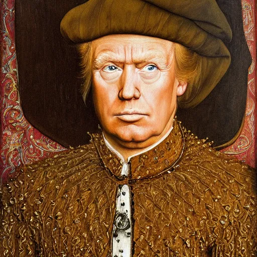 Image similar to portrait of donald trump, oil painting by jan van eyck, northern renaissance art, oil on canvas, wet - on - wet technique, realistic, expressive emotions, intricate textures, illusionistic detail