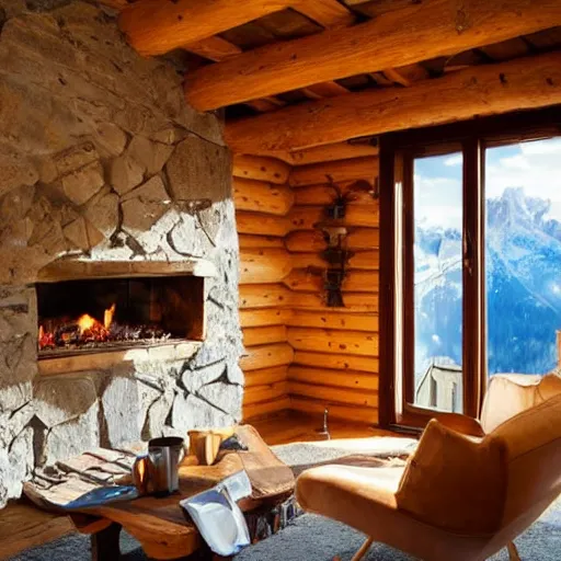 Image similar to cozy fireplace in a cabin on the dolomites, wood, open window