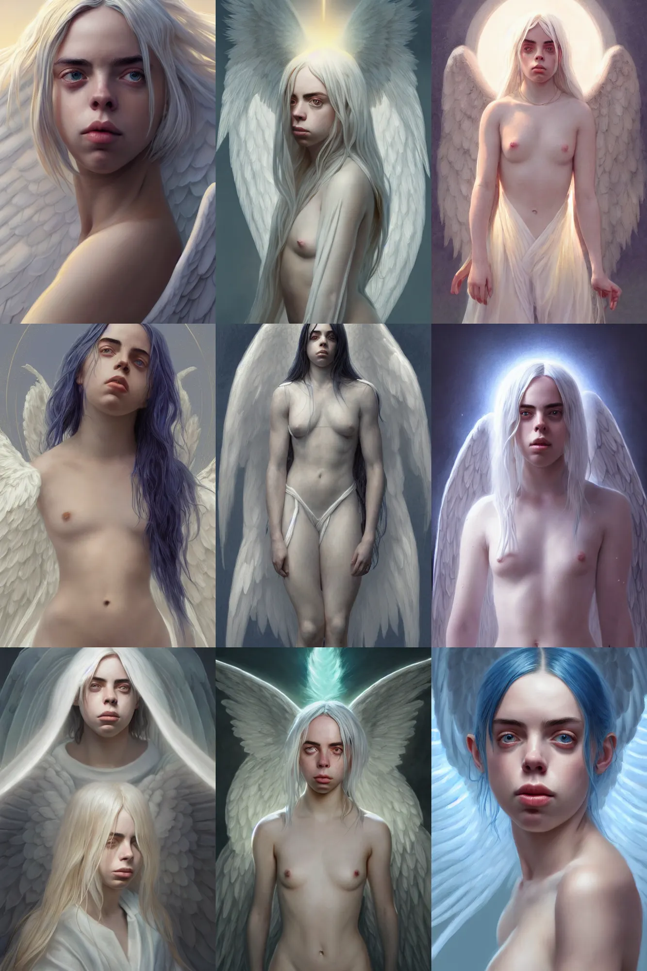 Prompt: billie eilish as a heavenly angel, anatomy, bathing in light, highly detailed, digital painting, artstation, concept art, smooth, sharp focus, illustration, unreal engine 5, 8 k, art by art by artgerm and greg rutkowski and edgar maxence