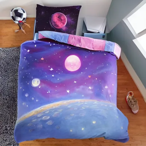 Prompt: a girl sleeping on a bed in the middle of the space with a dying star on the back, ultra realistic paint