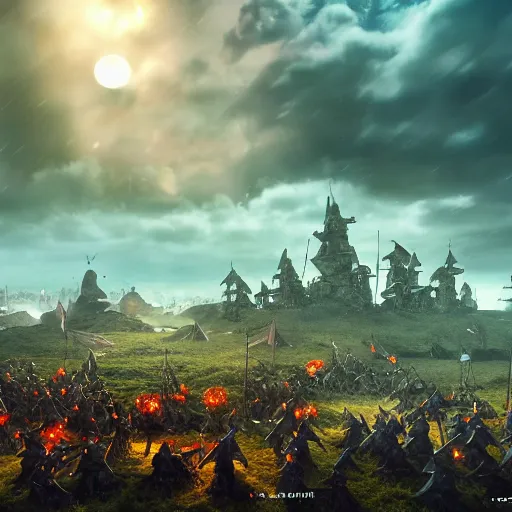 Image similar to epic battlefield of thousands of smurfs with medieval weapons battling, red moon shining golden red light hidden behind clouds, miniaturecore, supremely digital, medieval, unreal engine, super detailed, outstanding detail, dreamlike lighting, god rays