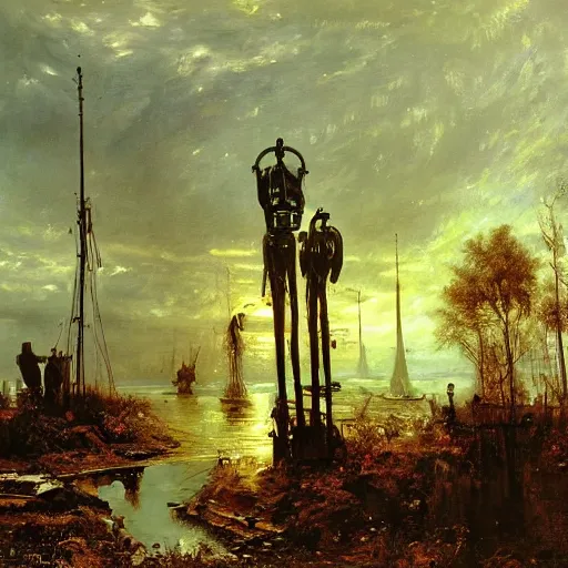 Image similar to painting hr giger tent in a landscape, mercedes in a pond, floral ornaments light beams night, street lights, andreas achenbach