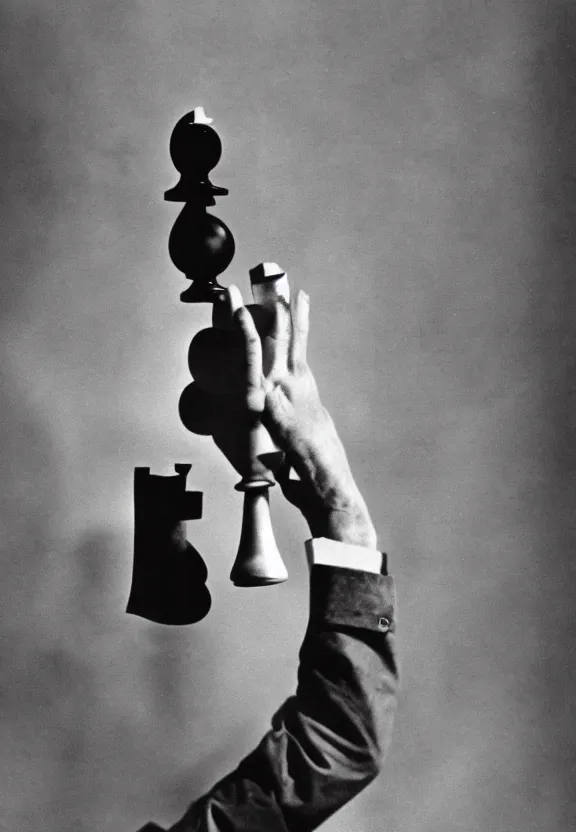 Prompt: a man holding up a single chess - piece, a surrealist painting by marcel duchamp, complex artificial - intelligence machinery, flickr contest winner, studio portrait, 1 9 2 0 s