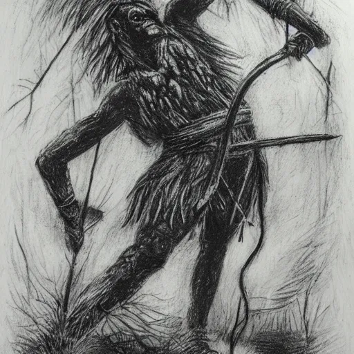 Prompt: a charcoal drawing of and ancient warrior creeping through dark woods filled with large trees and vines, holding a bow and arrow, wearing animal skin clothing, in the style of guy denning