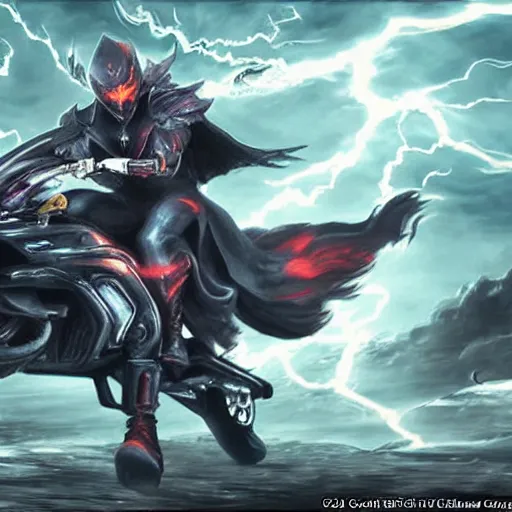 Prompt: epic wizard riding a motorcycle into the gates of hell, lightning shooting out of hands, video game concept art,