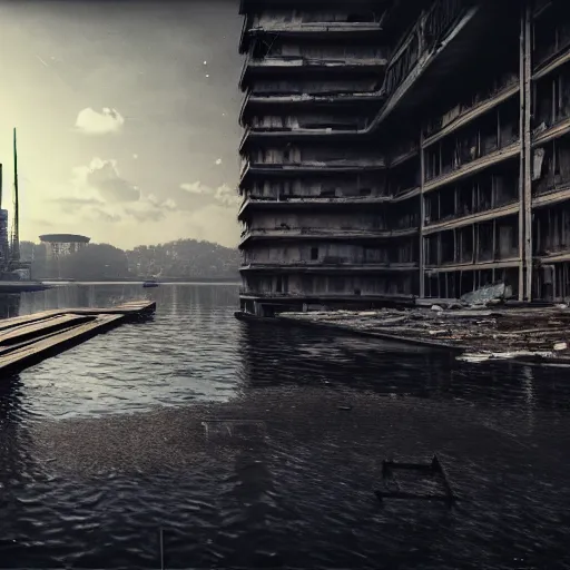 Image similar to a beautiful photorealistic rendering of building city abandoned unfinished building dock by jean - baptiste - camille corot, neon noir sci - fi alien darkacademia tokyo lake tundra cgsociety nightvision fisheye sunlight evil, archdaily, wallpaper, highly detailed, trending on artstation.