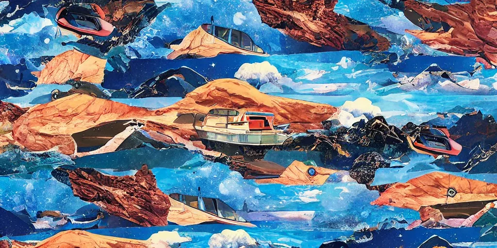 Prompt: river stars galaxy boat mountain phone car, collage artwork